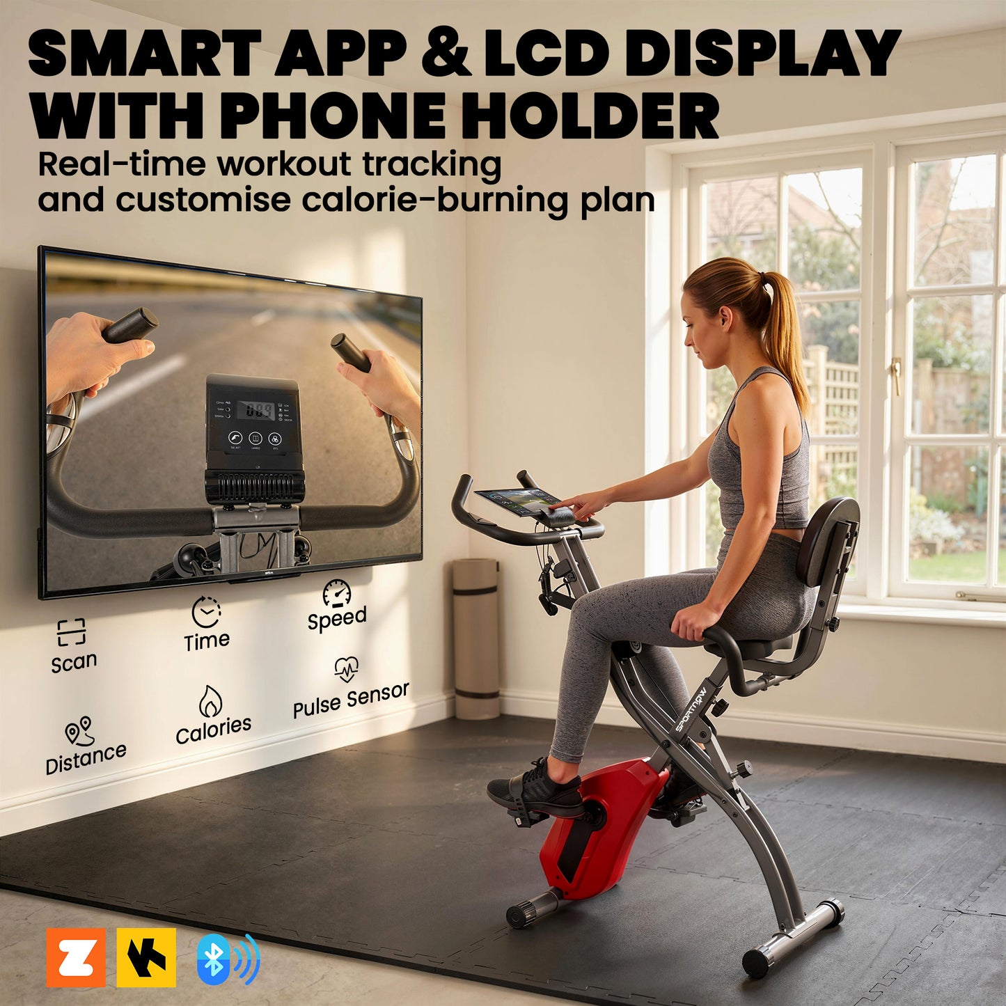 3-In-1 Folding Exercise Bike with Resistance Bands, Indoor Stationary Bike with Bluetooth App, Quiet 8-Level Magnetic Resistance, LCD Display, Pulse Sensor, Adjustable Seat, Wheels, Red