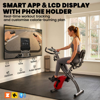 3-In-1 Folding Exercise Bike with Resistance Bands, Indoor Stationary Bike with Bluetooth App, Quiet 8-Level Magnetic Resistance, LCD Display, Pulse Sensor, Adjustable Seat, Wheels, Red