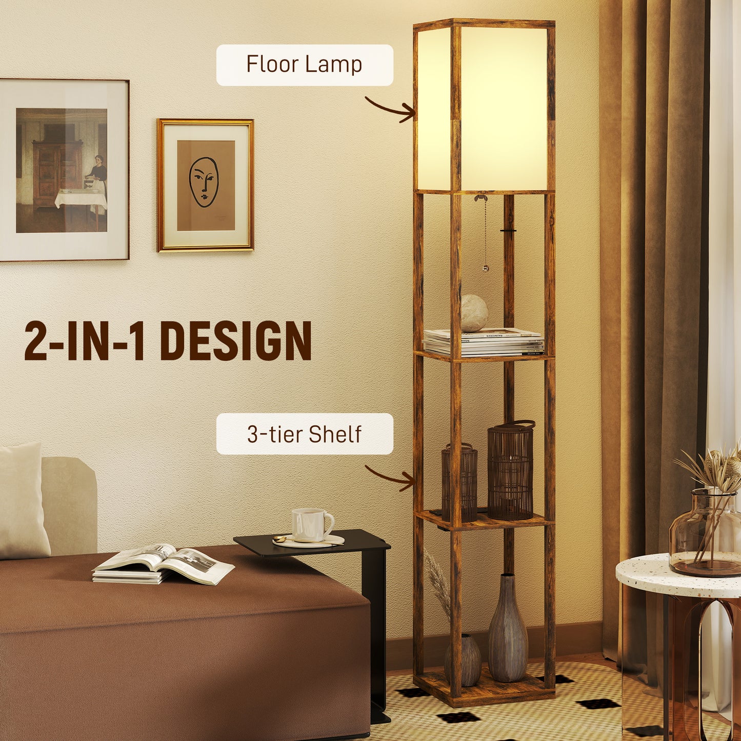 4 Layer Column Standing Lamp with USB Ports, Rustic Brown