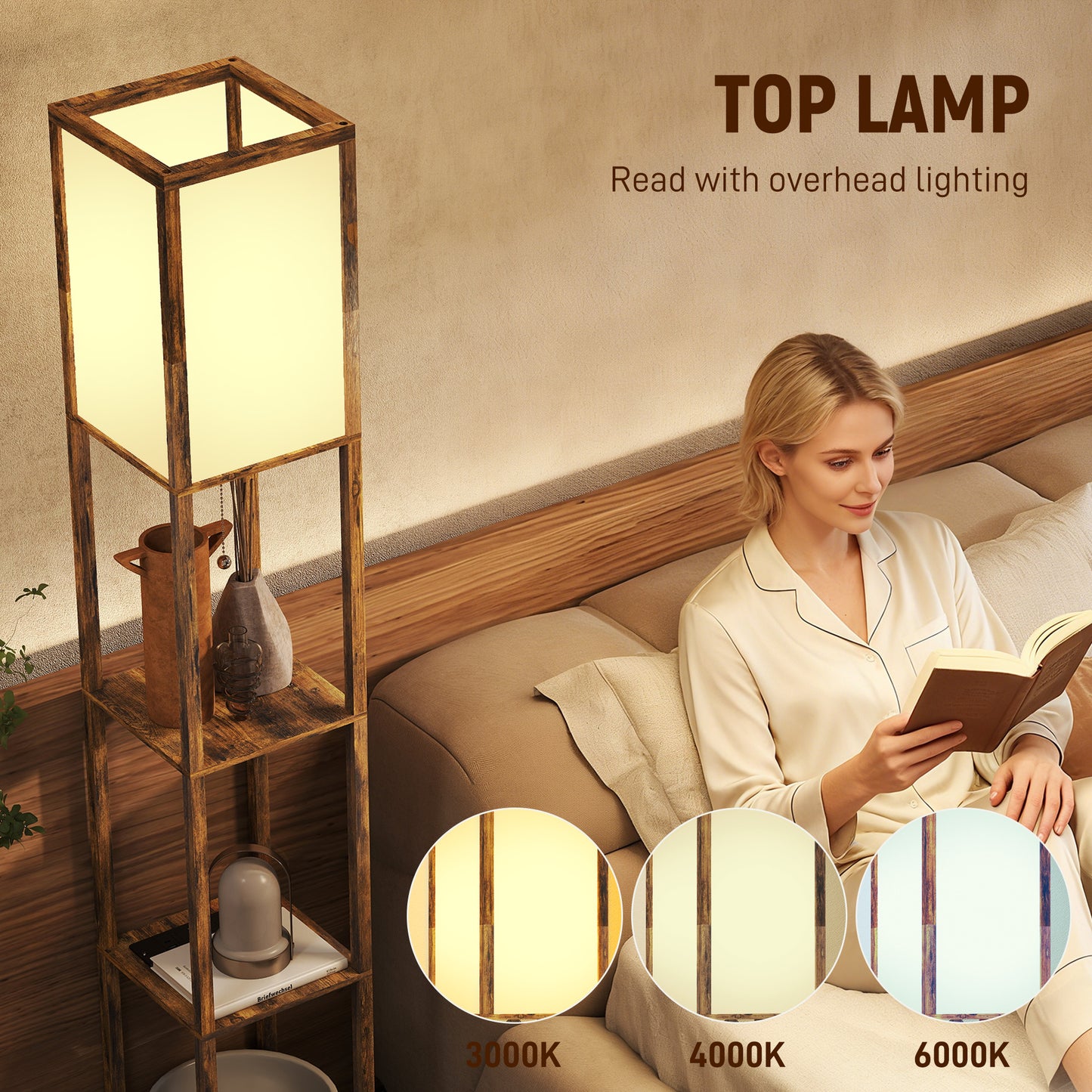 4 Layer Column Standing Lamp with USB Ports, Rustic Brown