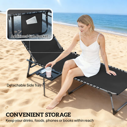 Folding Sun Loungers with 5-Level Back, Cup Holder, Black