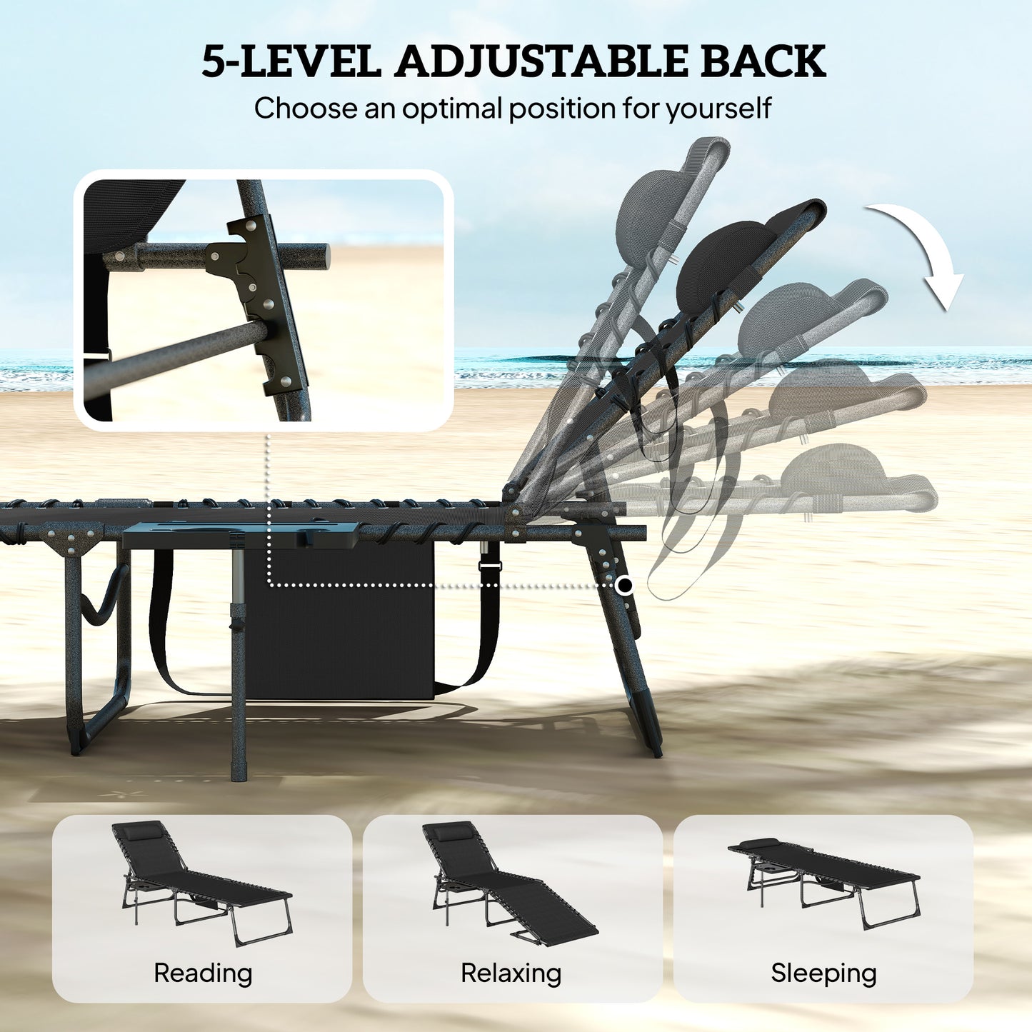 Folding Sun Loungers with 5-Level Back, Cup Holder, Black