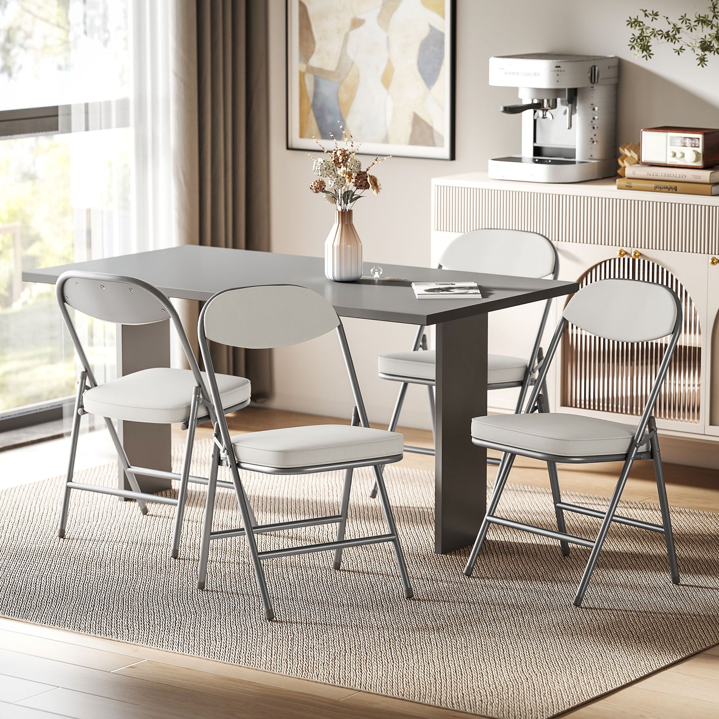 Folding Chairs Set of 4 with Cushioned Seat, Steel Frame, Off-White