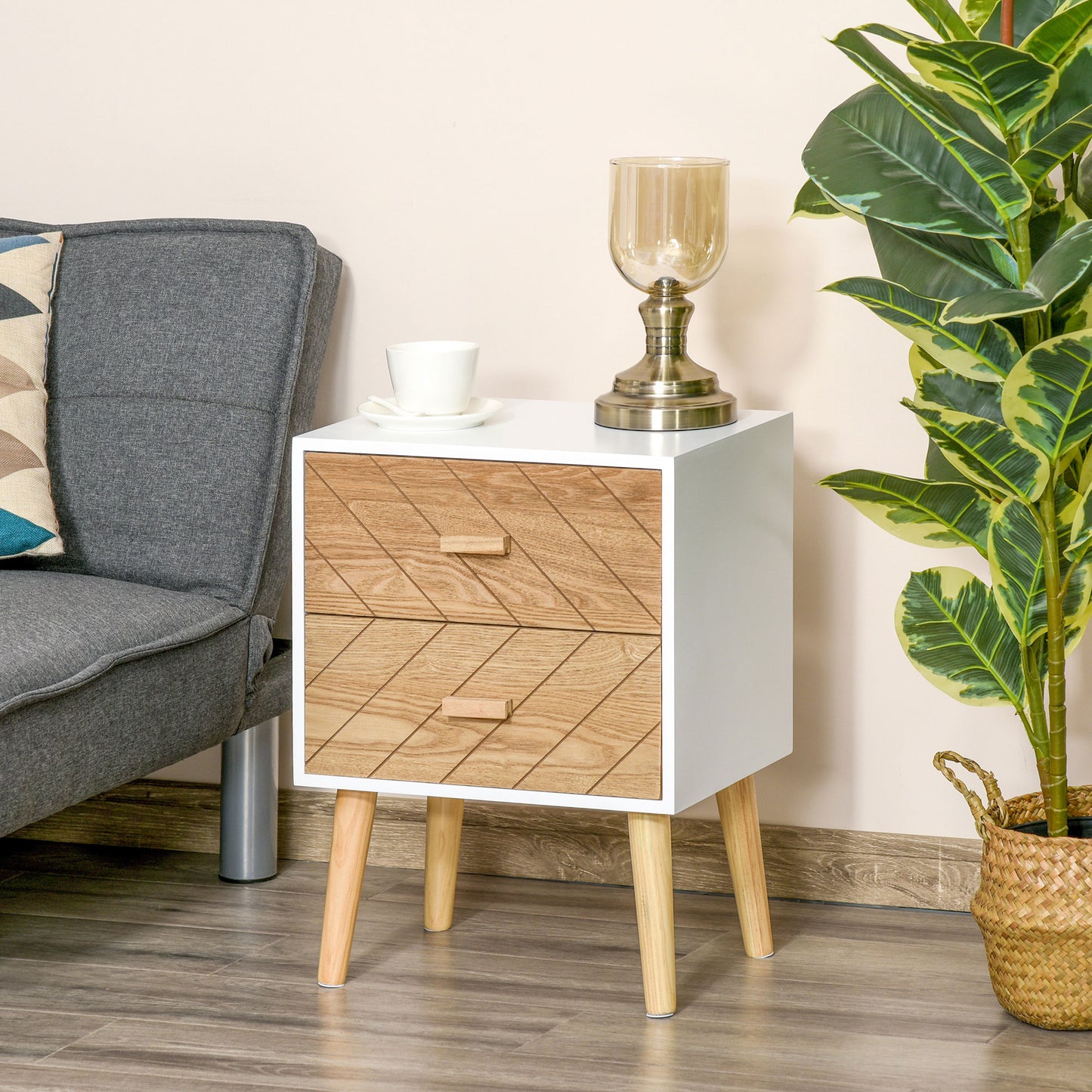 HOMCOM 2 Drawers Bedside Table with Pine Legs, Bedroom Wooden Storage Cabinet, Natural