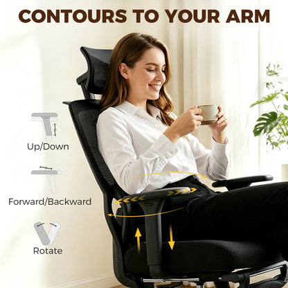 Ergonomic Office Chair, Mesh Desk Chair with 3D Armrests, Rotatable Headrest, Adjustable Lumbar Support, Coat Hanger, Recliner Computer Swivel Chair with Footrest for Home Office, Black