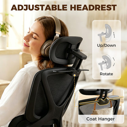 Ergonomic Office Chair, Mesh Desk Chair with 3D Armrests, Rotatable Headrest, Adjustable Lumbar Support, Coat Hanger, Recliner Computer Swivel Chair with Footrest for Home Office, Black