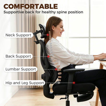 Ergonomic Office Chair, Mesh Desk Chair with 3D Armrests, Rotatable Headrest, Adjustable Lumbar Support, Coat Hanger, Recliner Computer Swivel Chair with Footrest for Home Office, Black
