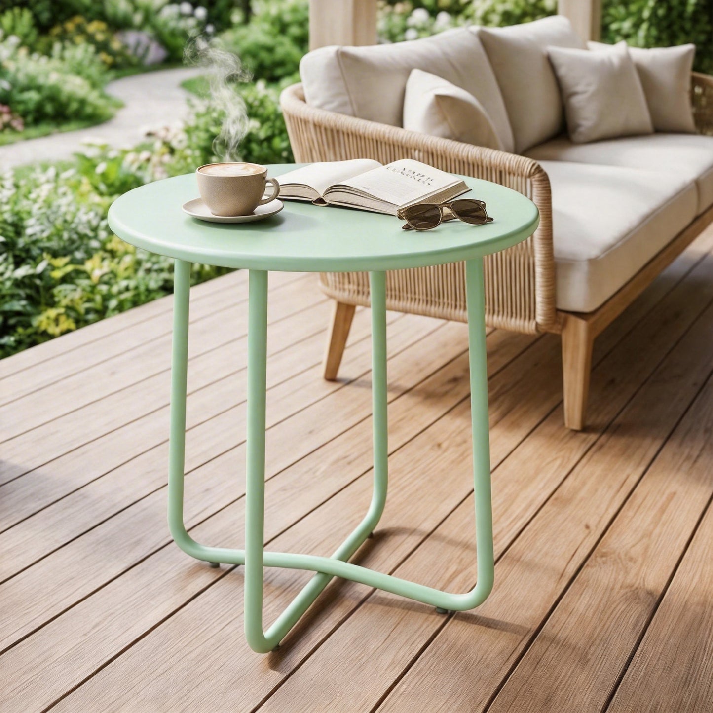 Metal Garden Side Table, 48 cm Round Outdoor Table, Green