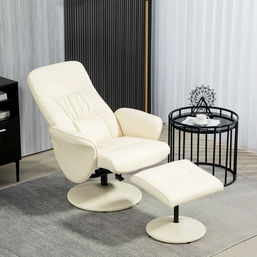 PU Leather Armchair and Footrest Swivel Recliner w/ Ottoman Cream White