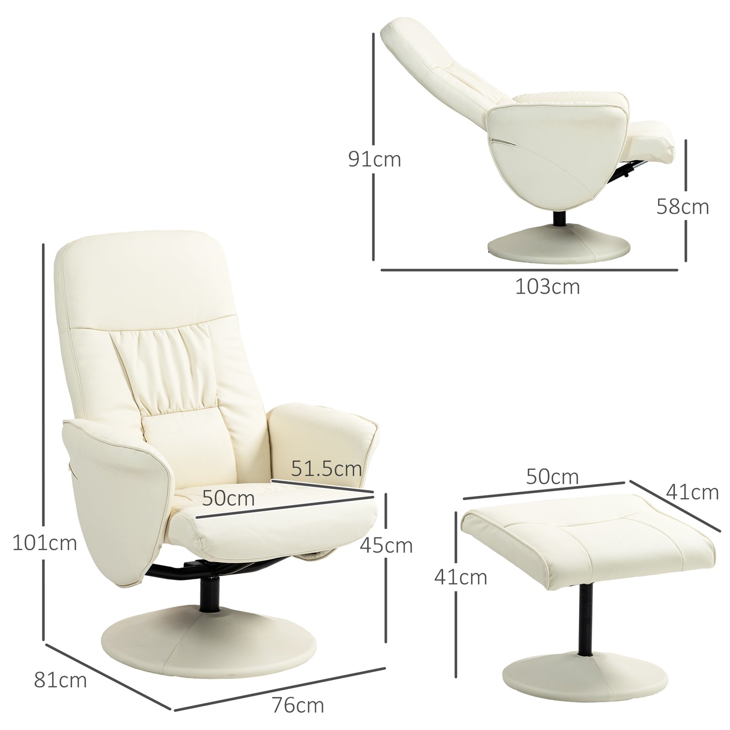 PU Leather Armchair and Footrest Swivel Recliner w/ Ottoman Cream White