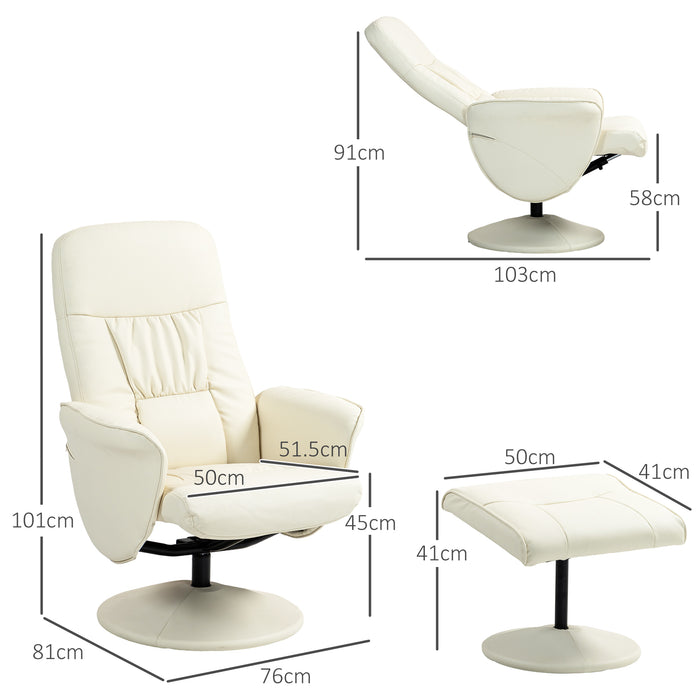 PU Leather Armchair and Footrest Swivel Recliner w/ Ottoman Cream White