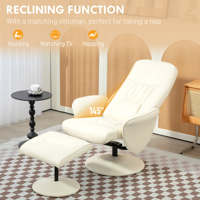 PU Leather Armchair and Footrest Swivel Recliner w/ Ottoman Cream White