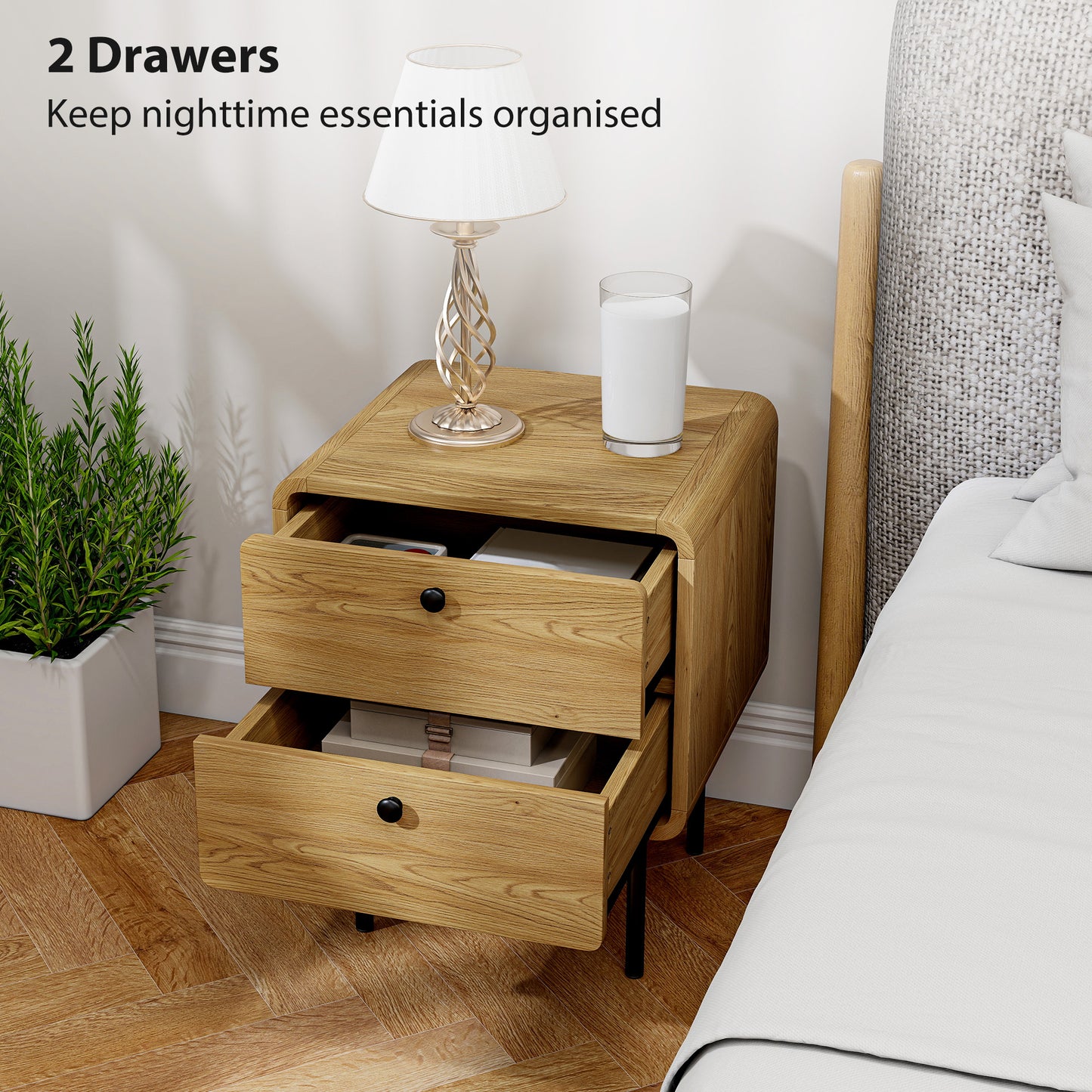 Bedside Table, Modern Nightstand with 2 Drawers Rounded Edges, Oak
