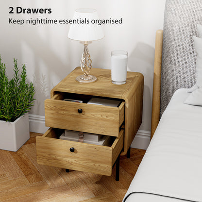 Bedside Table, Modern Nightstand with 2 Drawers Rounded Edges, Oak