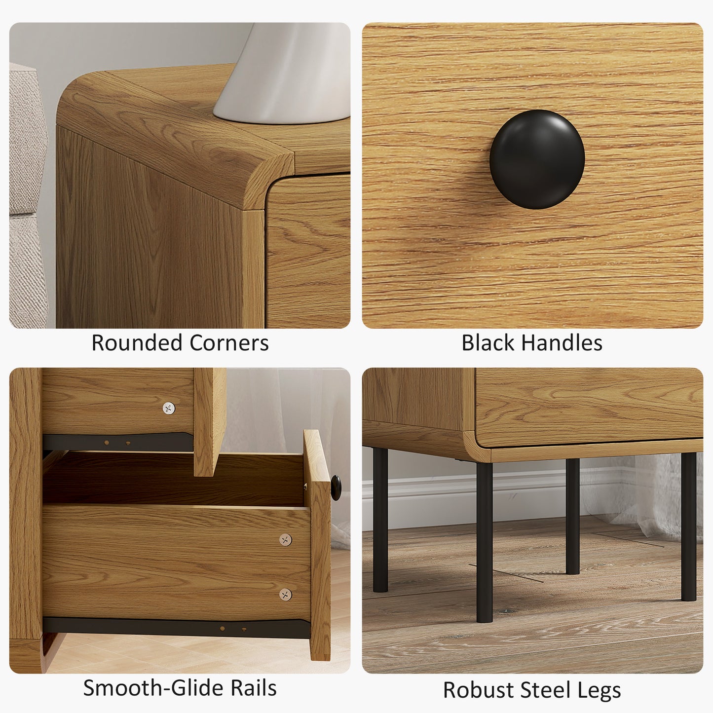 Bedside Table, Modern Nightstand with 2 Drawers Rounded Edges, Oak