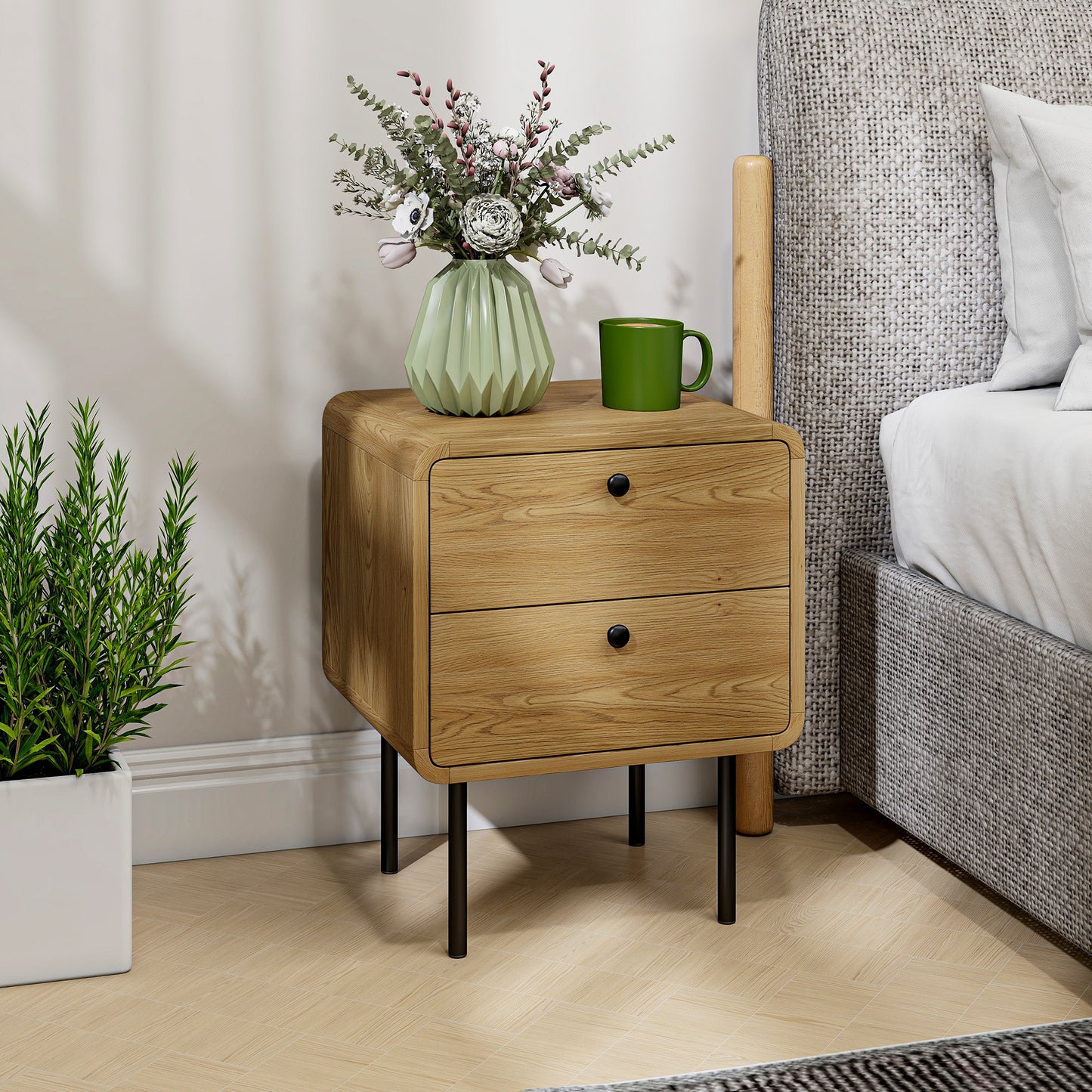 Bedside Table, Modern Nightstand with 2 Drawers Rounded Edges, Oak