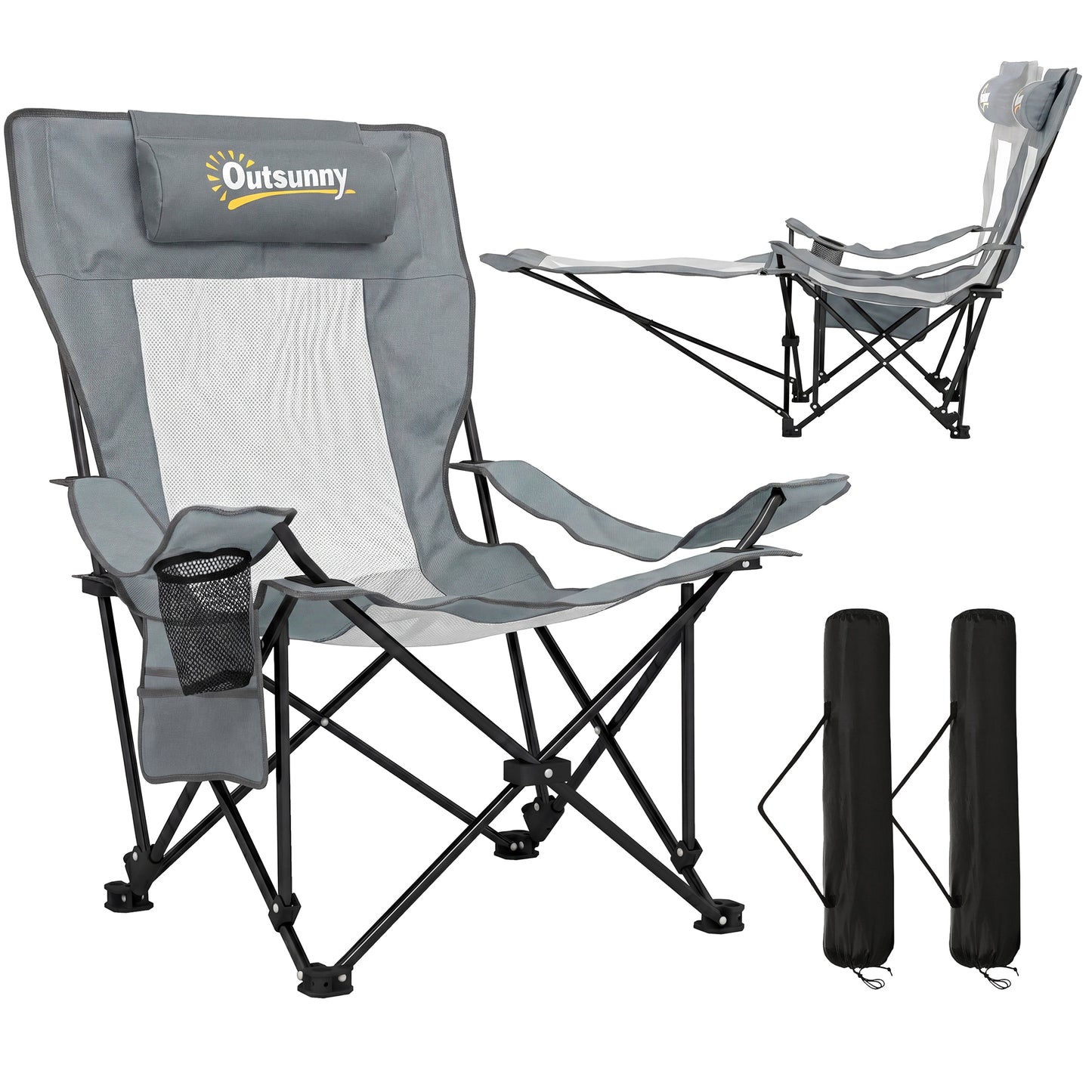 Set of 2 Reclining Folding Camping Chair, Portable Camp Chair with Adjustable Backrest, Footrest, Storage Pocket, Cup Holder and Headrest, for Camping, Beach, Picnic, Grey