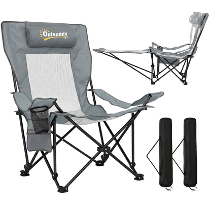 Set of 2 Reclining Folding Camping Chair, Portable Camp Chair with Adjustable Backrest, Footrest, Storage Pocket, Cup Holder and Headrest, for Camping, Beach, Picnic, Grey