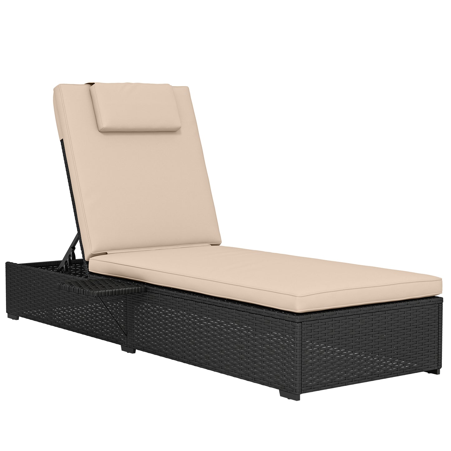 Rattan Sun Lounger, Garden Recliner w/ 5-Level Back, Cushion, Black