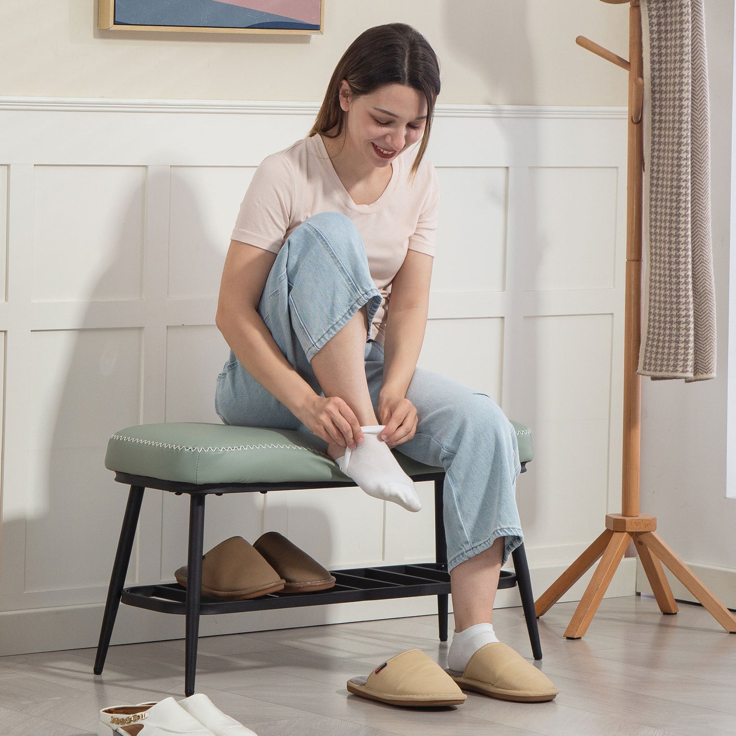 Shoe Bench, PU Leather Shoe Storage Bench for Entryway, Green