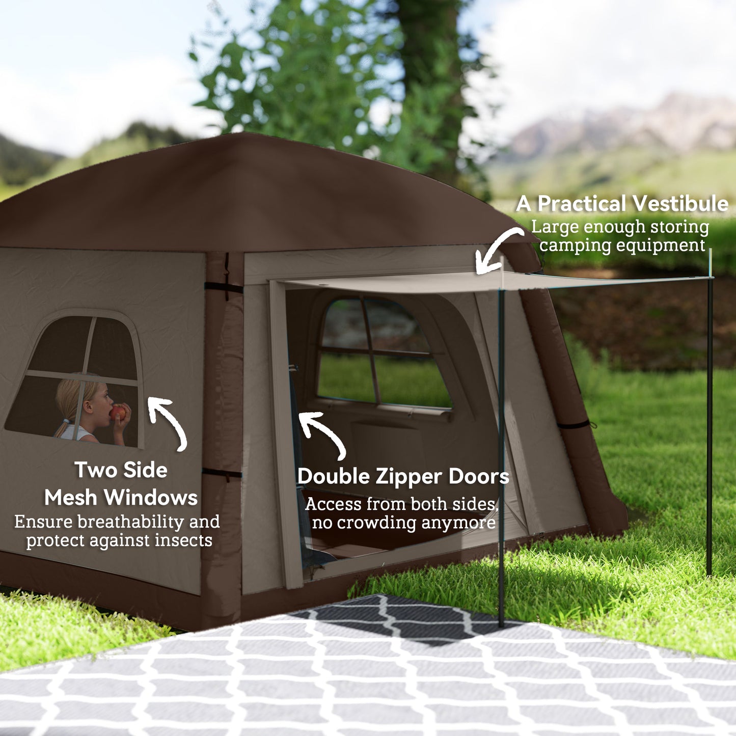 Inflatable Camping Tent, Easy Setup 2 Man Tent, Khaki