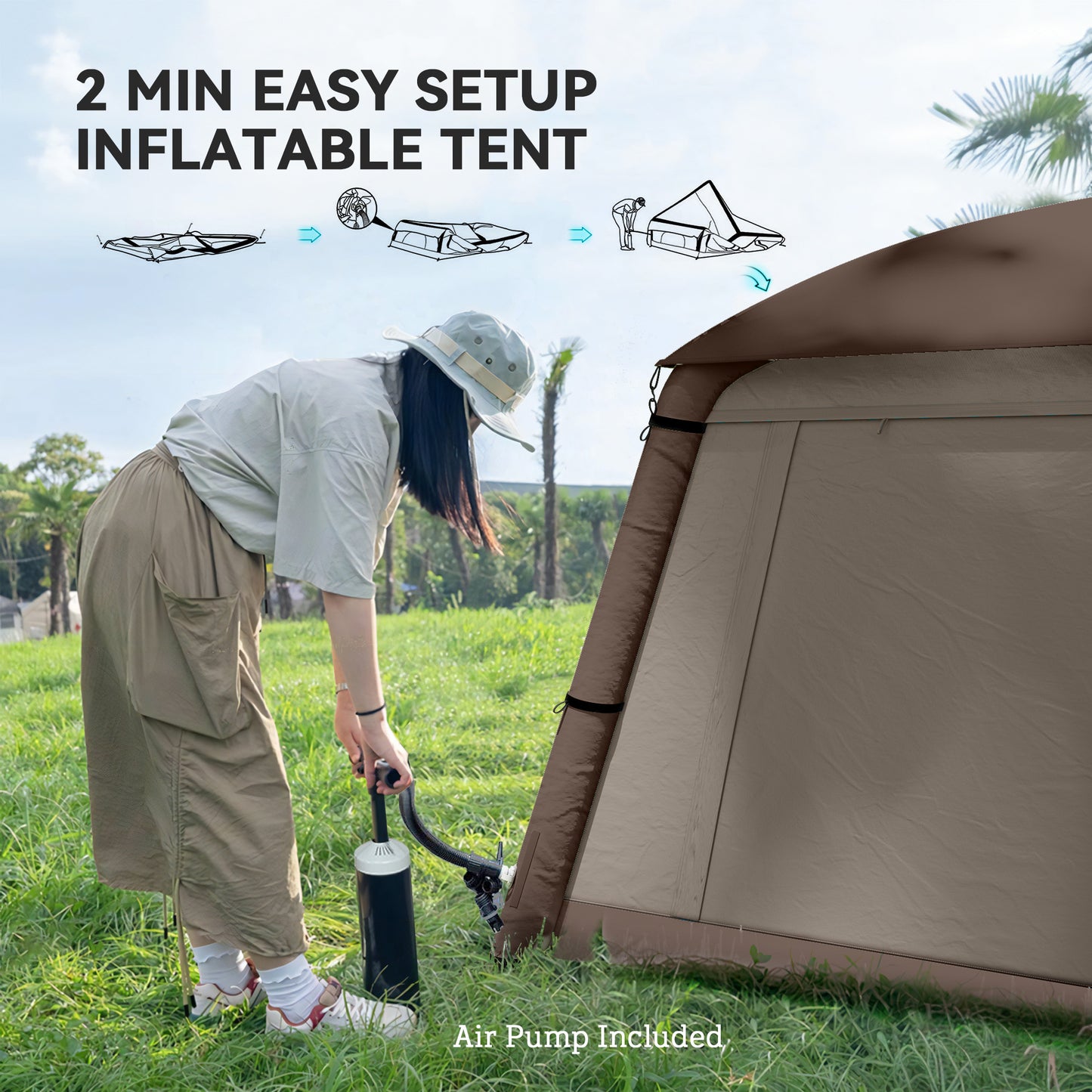 Inflatable Camping Tent, Easy Setup 2 Man Tent, Khaki
