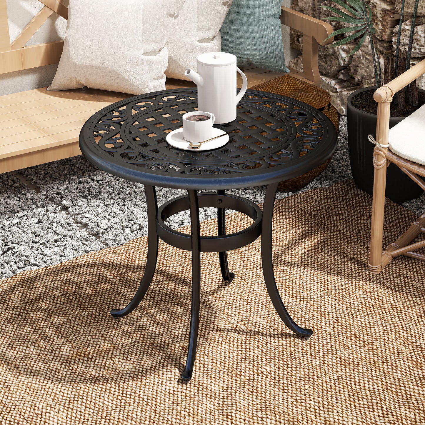 60cm Round Garden Table with Cast Aluminium Frame, Black