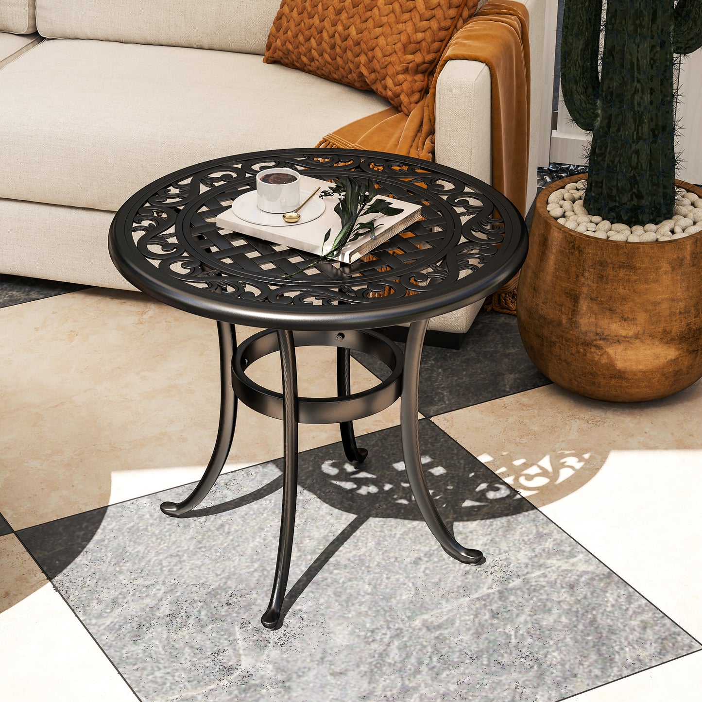 60cm Round Garden Table with Cast Aluminium Frame, Black