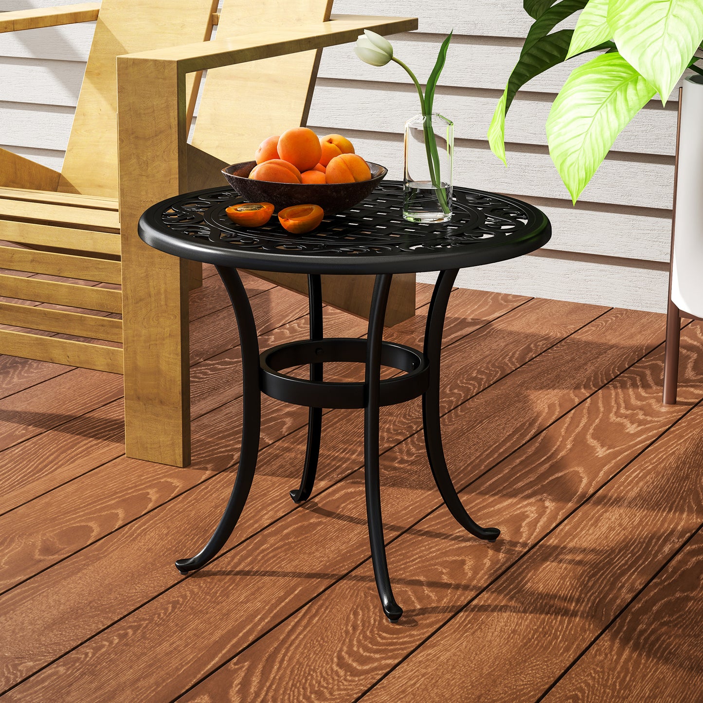 60cm Round Garden Table with Cast Aluminium Frame, Black