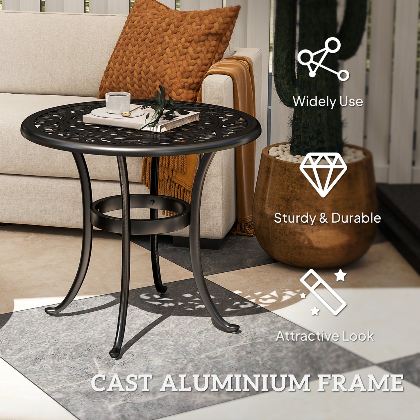 60cm Round Garden Table with Cast Aluminium Frame, Black