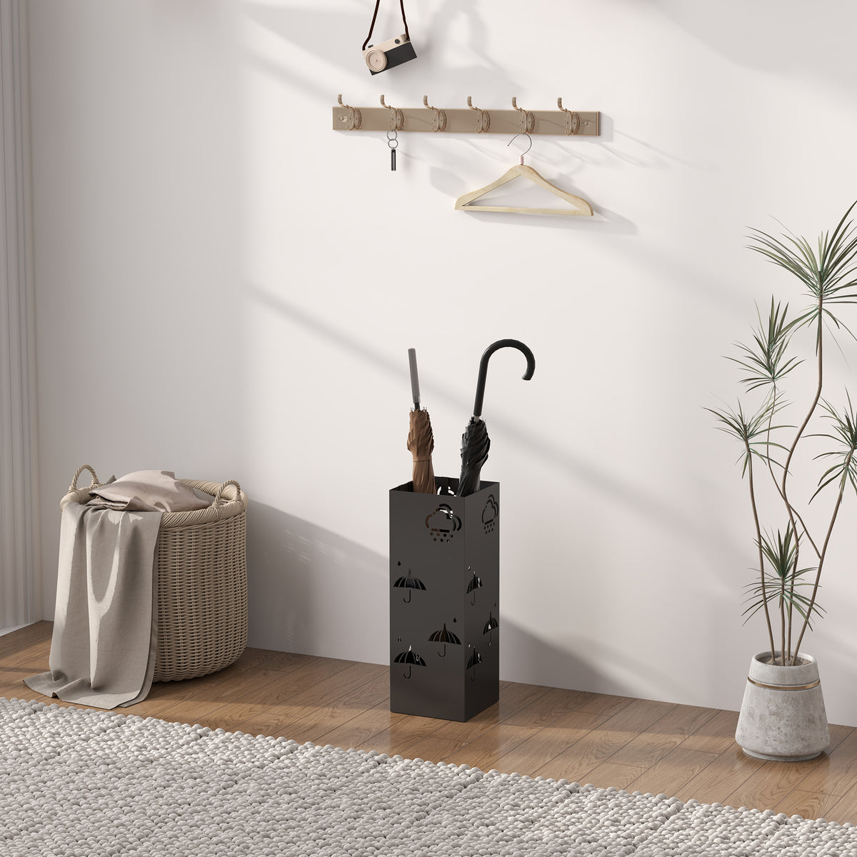 Decorative Umbrella Holder w/ Drip Tray 4 Hooks for Entryway Black