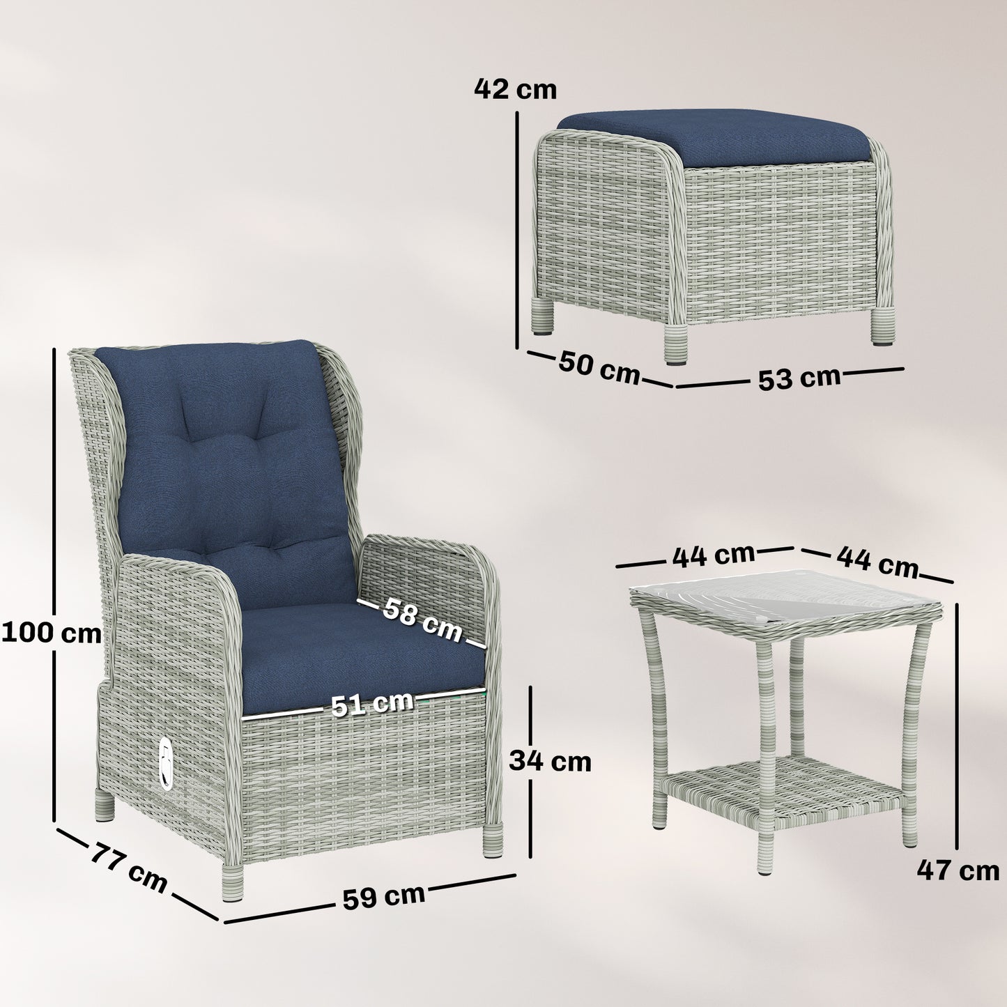 5 Piece Garden Furniture Set, Rattan Reclining Garden Chair Set of 2 with Footstool and Cushion , Dark Blue