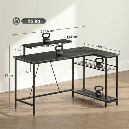 L Shaped Desk with LED Lights and Storage, Black
