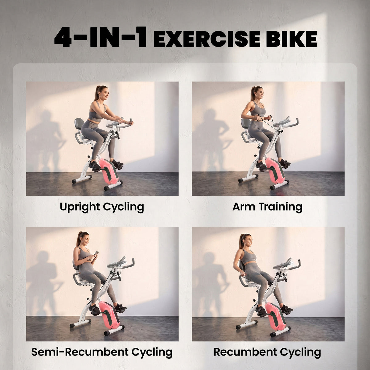 4-In-1 Folding Exercise Bike with Resistance Bands, Pink