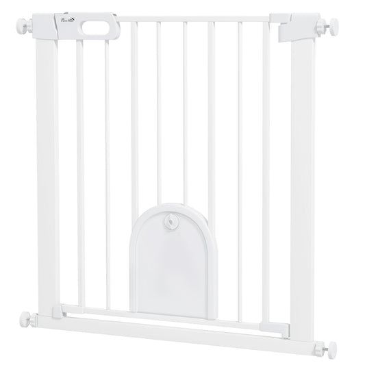 75-82cm Pet Safety Gate with Double Locking, Pressure Fit Stair with Cat Flat for Doorways, Hallways, White