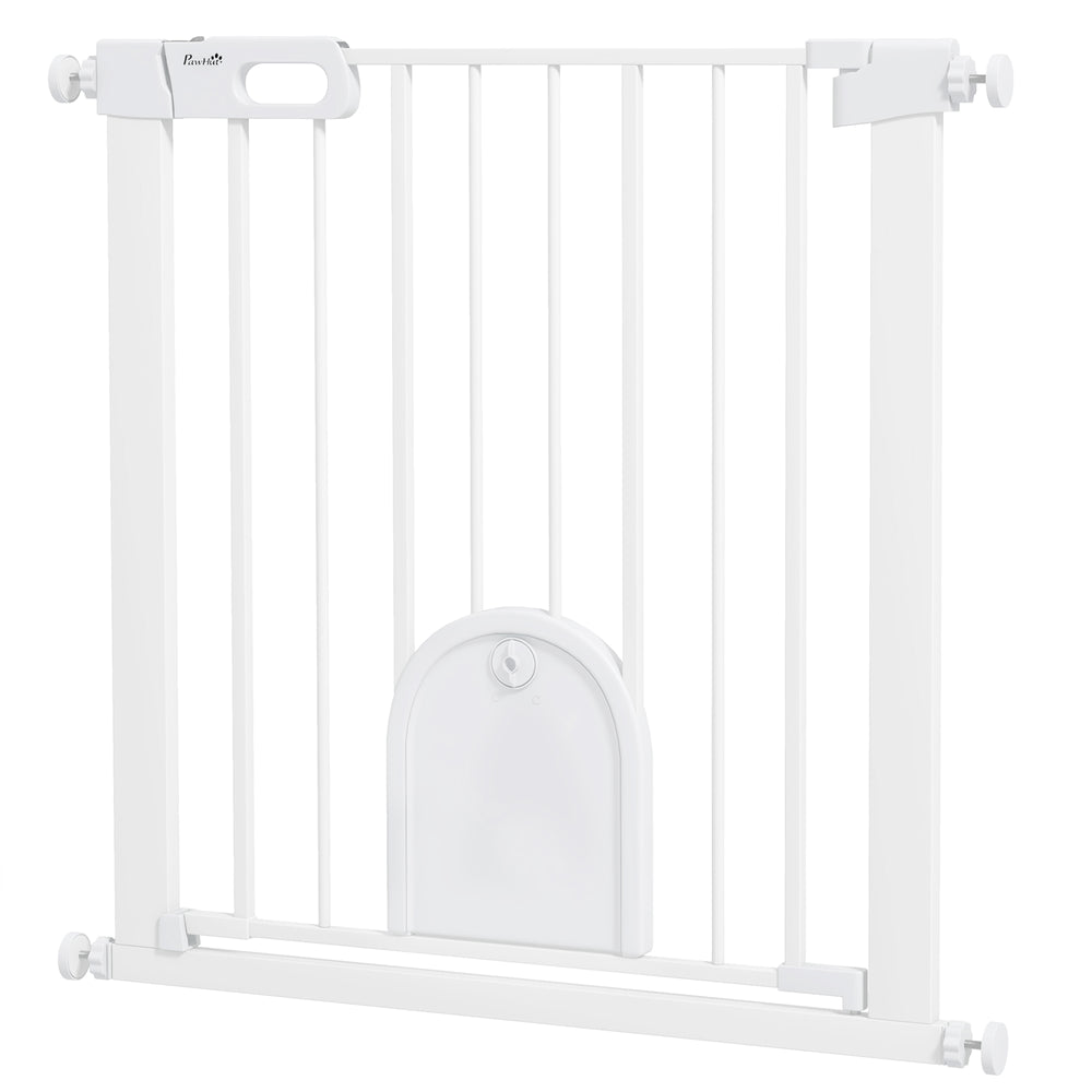 75-82cm Pet Safety Gate with Double Locking, Pressure Fit Stair with Cat Flat for Doorways, Hallways, White