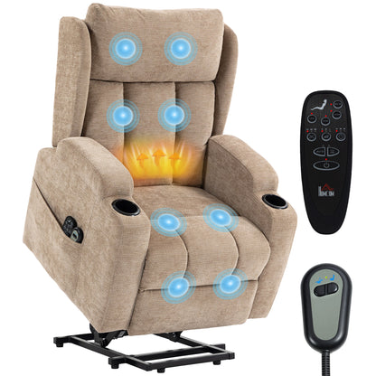 Power Lift Recliner Chair with Vibration Massage and Heat, Chenille Riser and Recliner Armchair for Elderly with Folding Headrest, Spring Cushion, Wide and High Back, Cup Holders, Remote, Brown