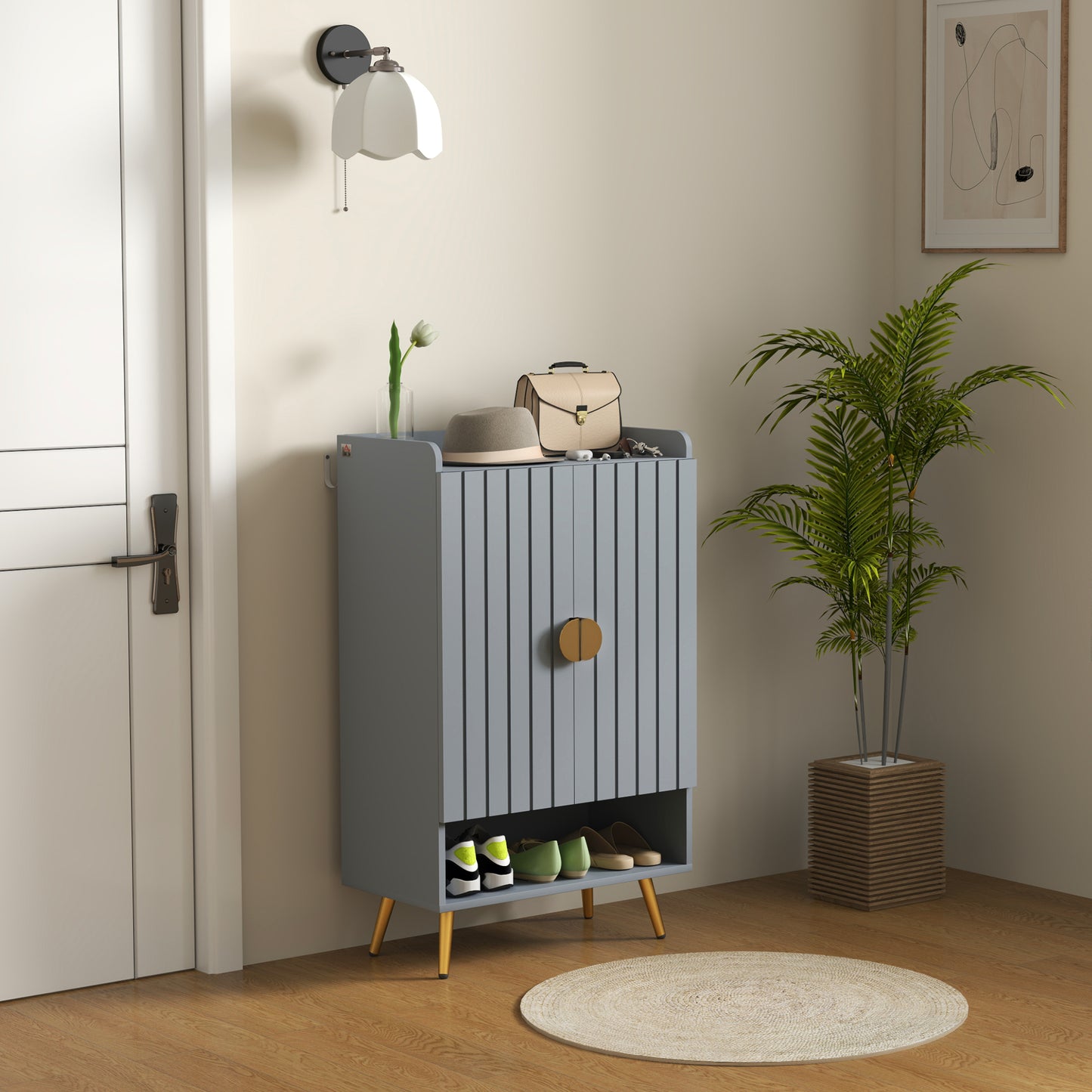 Shoe Cabinet with Beadboard Doors for 15 Pairs of Shoes, Light Grey
