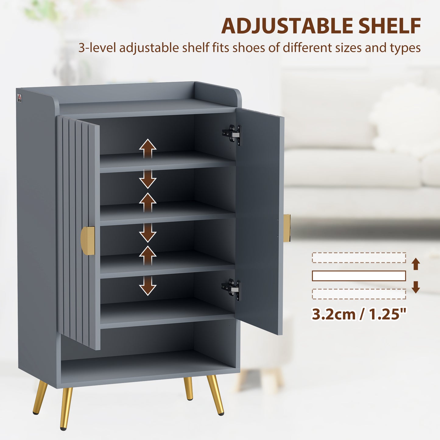 Shoe Cabinet with Beadboard Doors for 15 Pairs of Shoes, Light Grey