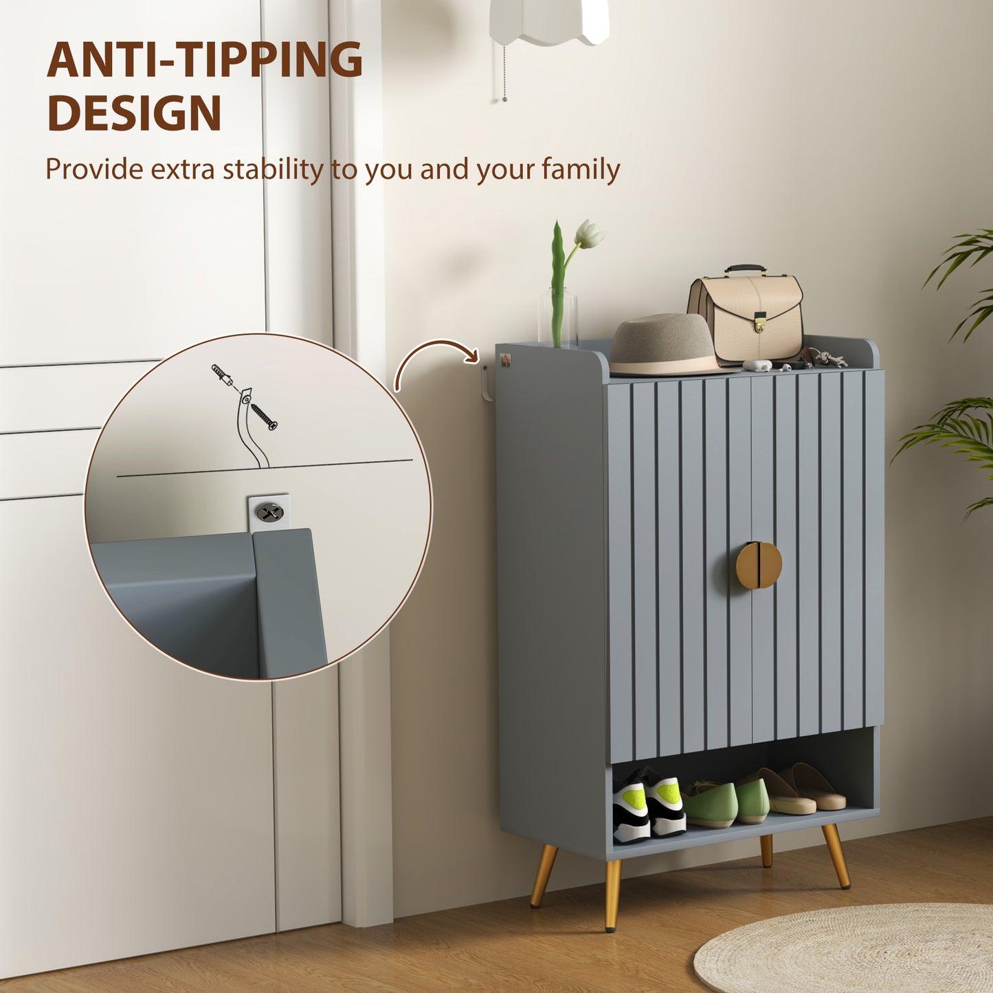Shoe Cabinet with Beadboard Doors for 15 Pairs of Shoes, Light Grey