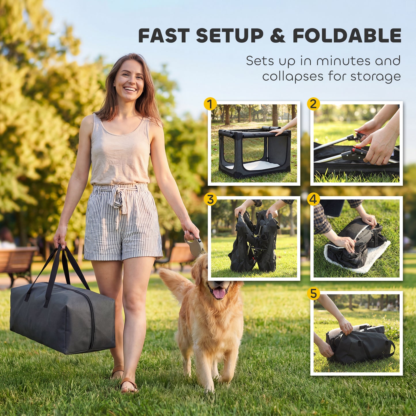 Collapsible Dog Crate Portable Pet Travel Carrier 90 x 64 x 64 cm