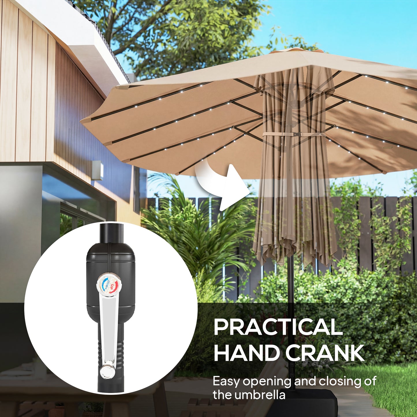 Double Sided Garden Parasol w/ 60 Solar LED Lights 4.5m, Khaki