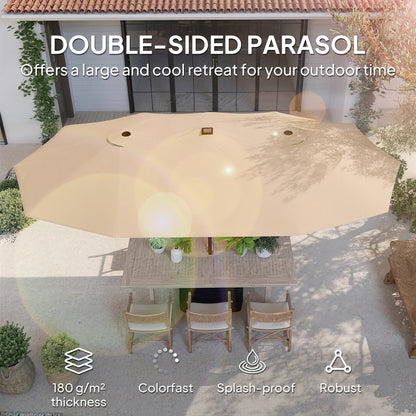 Double Sided Garden Parasol w/ 60 Solar LED Lights 4.5m, Khaki