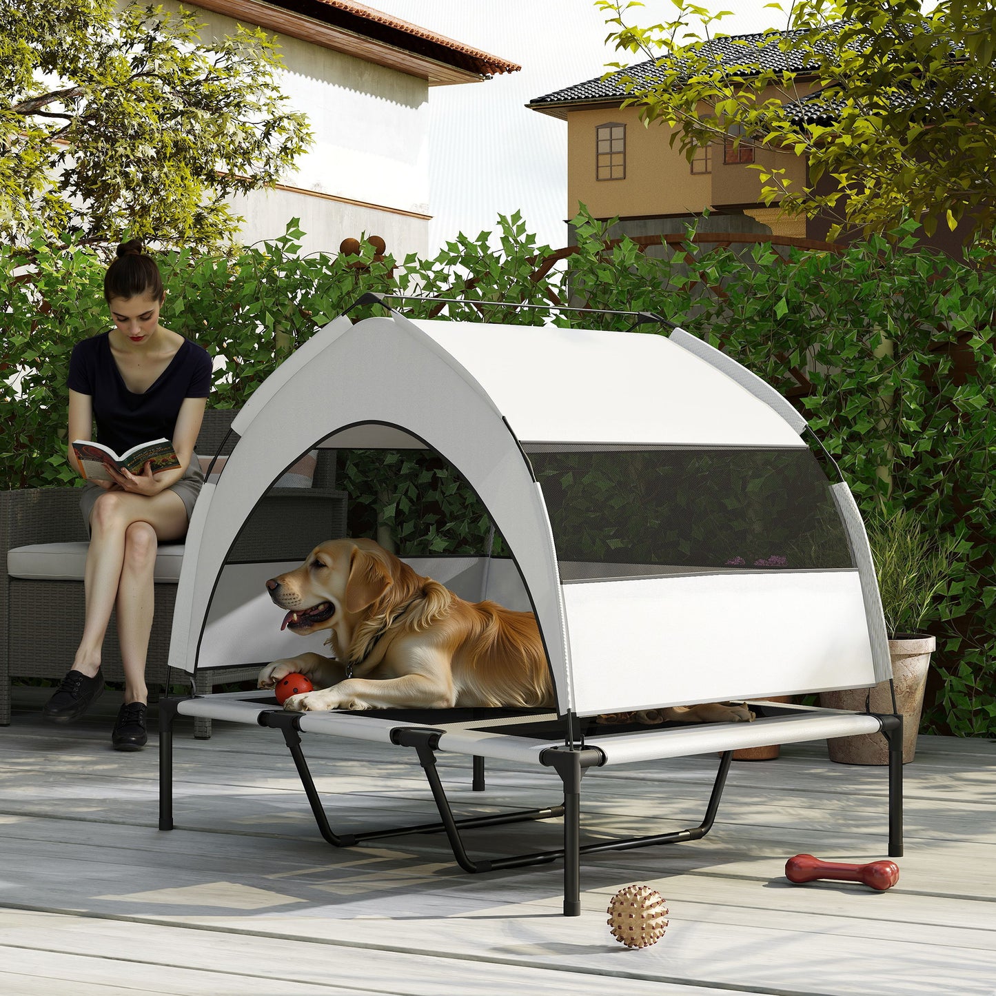 Portable Elevated Dog Bed with Removable Canopy, 106 x 76 x 94 cm