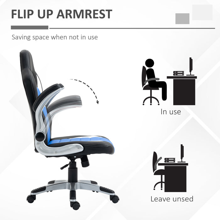 Racing Gaming Chair, PU Leather Computer Desk Chair, Height Adjustable Swivel Chair With Tilt Function and Flip Up Armrests, Blue