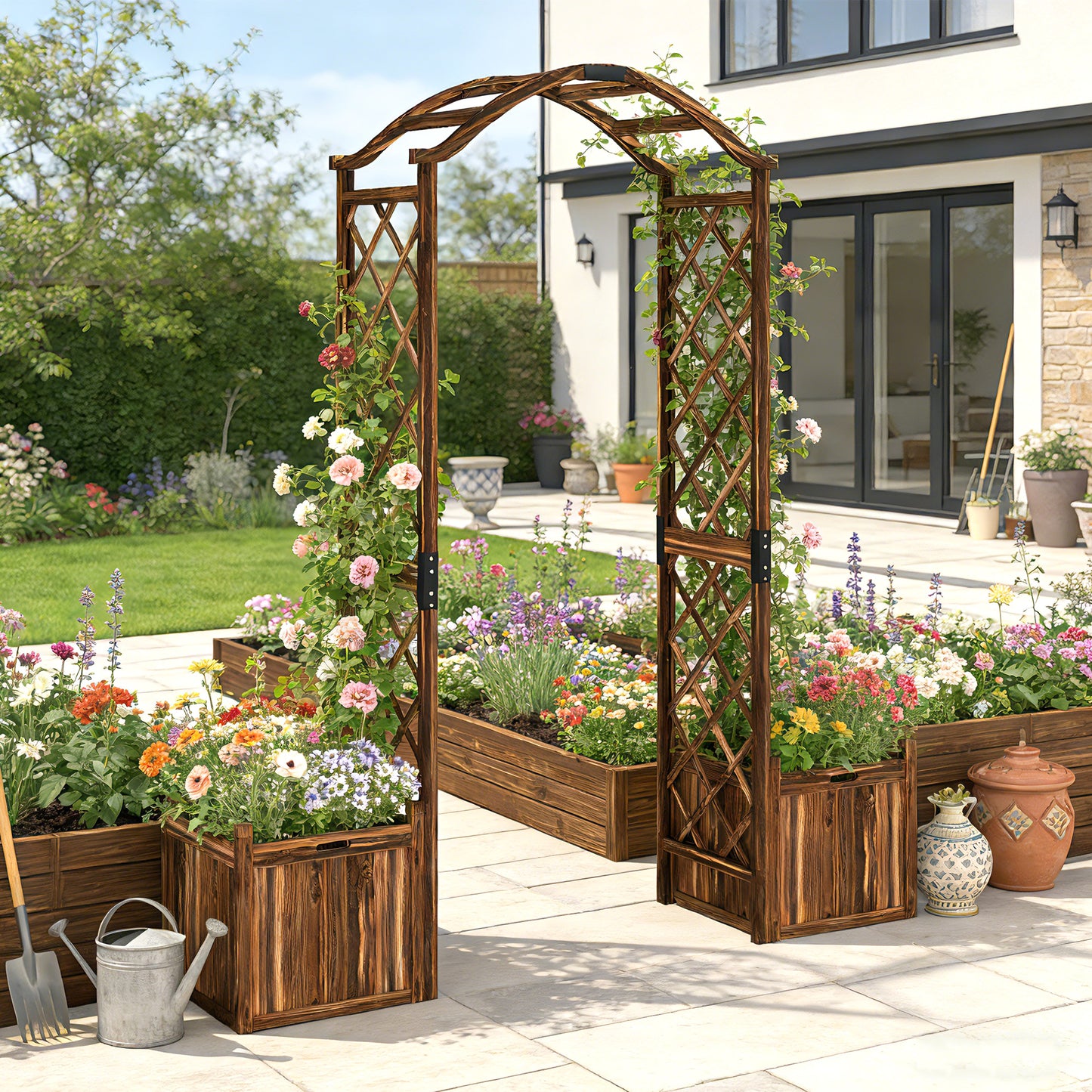 Wooden Garden Arch with 2 Planter Boxes, Decorative Garden Arbor