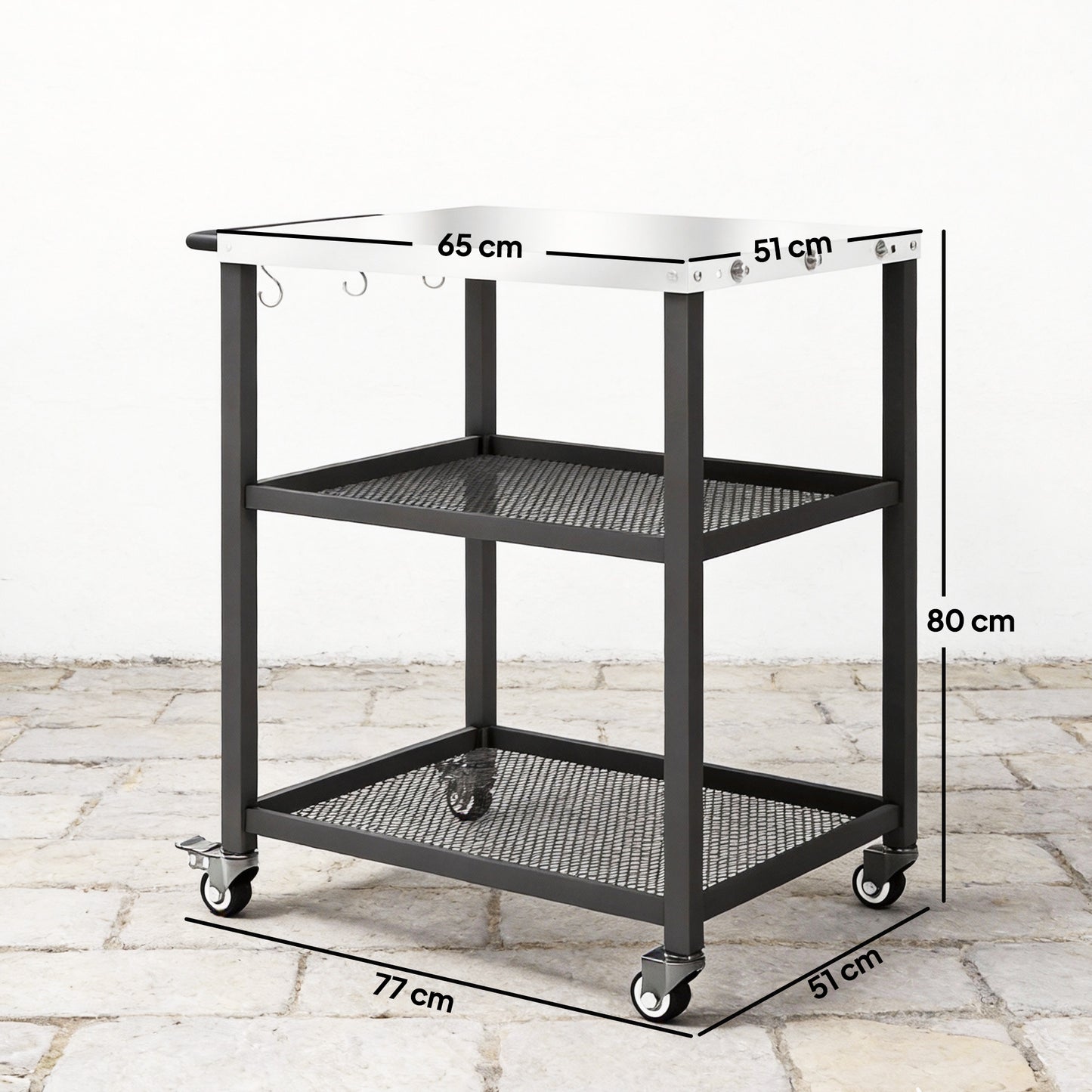 Outdoor Grill Cart, Pizza Oven Stand with Adjustable Shelf, Hooks