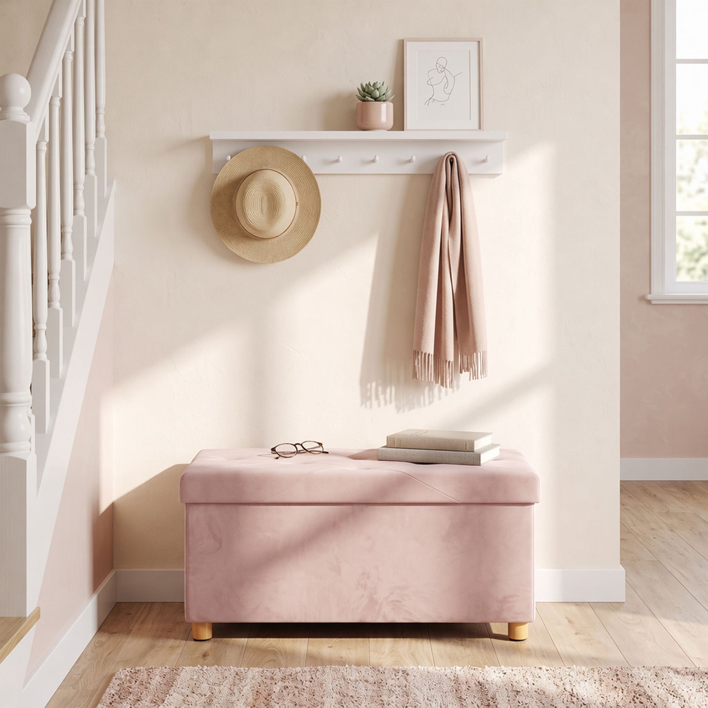 Velvet Upholstered Foldable Ottoman Footrest with Wood Legs, Pink