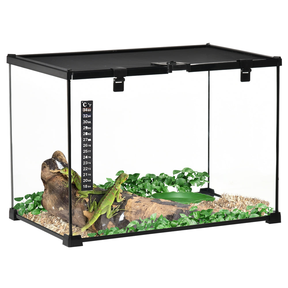 50 x 30 x 35 cm Reptile Glass Terrarium, Reptile Breeding Tank, Climbing pet Glass Containers, Arboreal Box, with Strip Patch Thermometer-Black