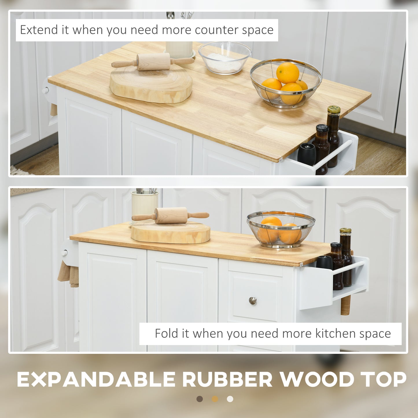 Kitchen Island on Wheels, Kitchen Cart with Drop Leaf, White